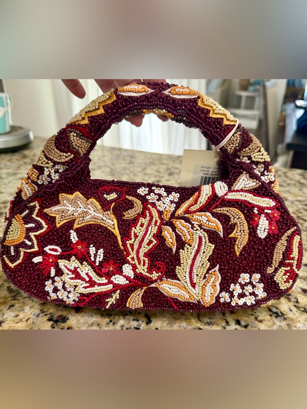 NWT Viral Sol & Mer Beaded Burgundy Floral Hobo Bag Clutch Tapestry Autumn Purse